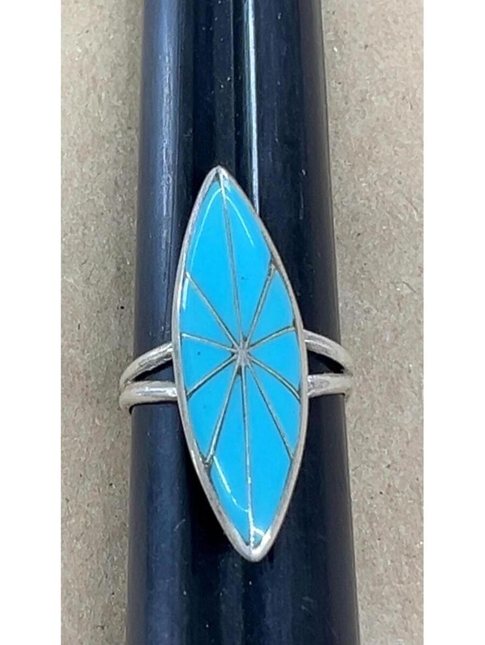Native American Zuni cluster turquoise sterling silver inlay ring size 8.75